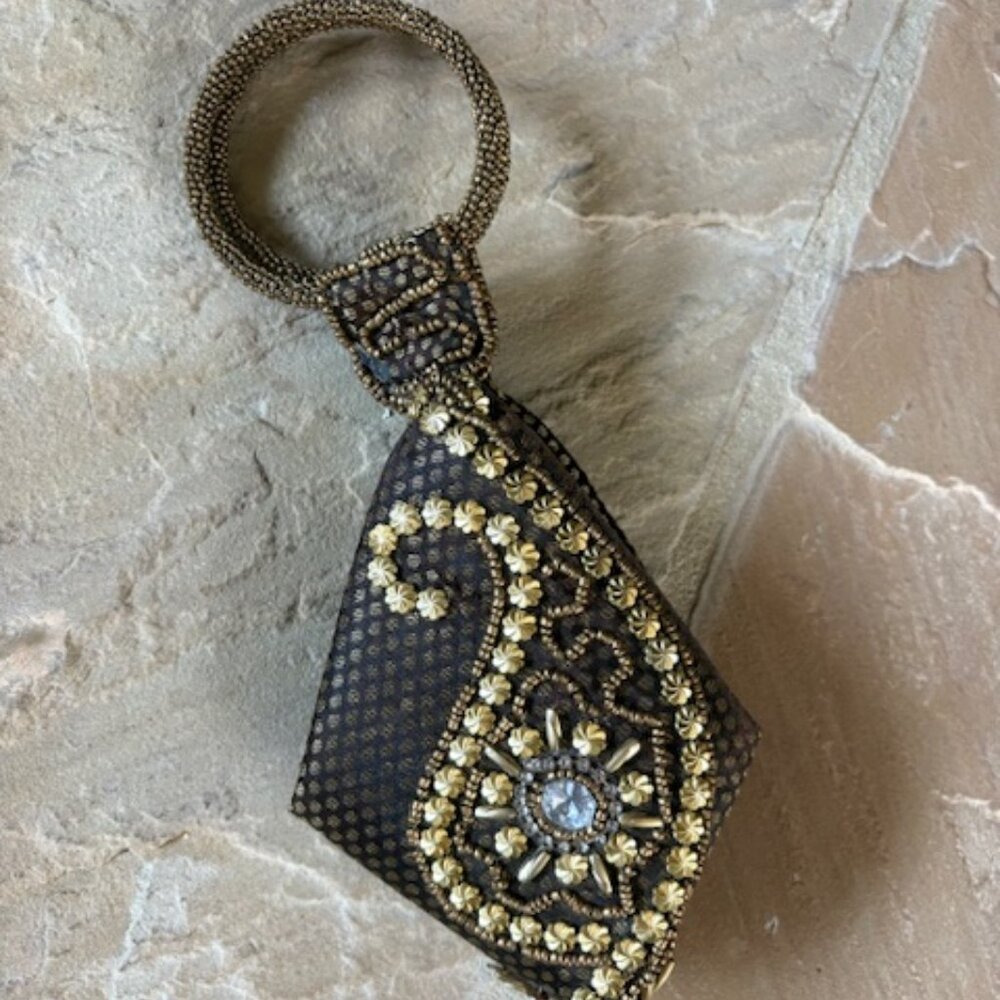 NWOT Potli Fortune Cookie Bag Purse Wristlet Brown Gold Bead Work Embroidered